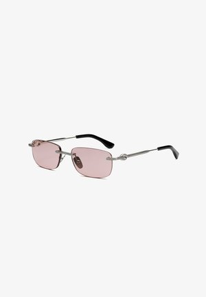 Rechteckige randlose Sonnenbrille mit rosa Gläsern, dünnen silbernen Metallbügeln und schwarzen Kunststoffbügelenden.