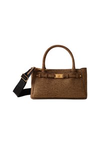 Sac à main en cuir texturé marron avec une forme structurée, doté d'une quincaillerie dorée et d'une bandoulière noire amovible.