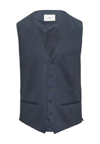 Donkerblauw vest met een textuurpatroon, voorzien van een V-hals, een zes-knopen sluiting, twee zijzakken en een gemerkte binnenlabel.