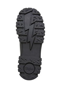 Black rubber sole with a textured grip, featuring a zigzag pattern and geometric designs. Branding visible in the center.