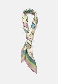 Silke tørklæde med en cremefarvet baggrund og farverige håndtaskeillustrationer i pink, grøn og blå, omgivet af pastelstriber og en glans.