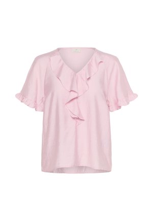 Lichtroze blouse met korte mouwen, ruches rond de V-hals en ruches op de mouwen en middenvoor.