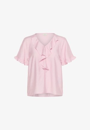 Jasnoróżowa bluzka na krótki rękaw z falbankowym dekoltem w kształcie litery V oraz zdobieniami z falbanek na rękawach i na środku przodu.