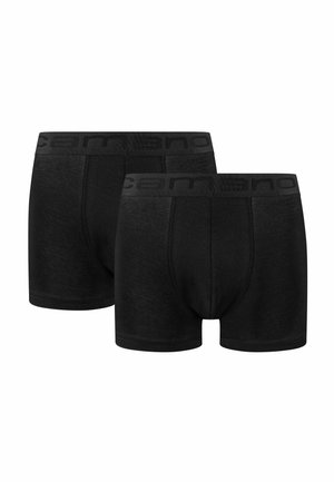 To ensfarvede sorte herre boxer briefs med elastiske linninger med mærke, vist side om side på en hvid baggrund.