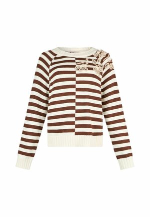 Pull à manches longues rayé marron et blanc avec un col rond, orné de décorations florales beiges sur l'épaule gauche supérieure.