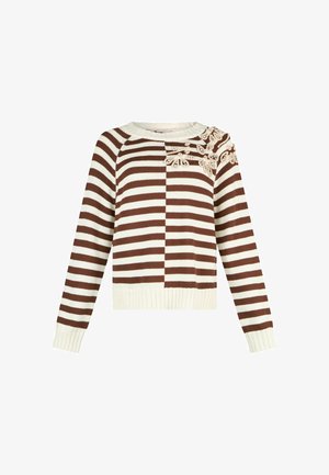 Pulover cu mâneci lungi, dungi maro și albe, cu decolteu rotund, decorat cu elemente florale bej pe umărul stâng superior.