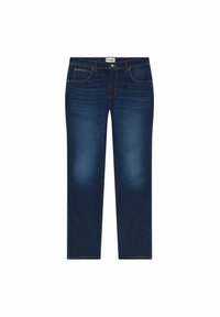 Jeans de mezclilla azul oscuro con un diseño de pierna recta, bolsillos frontales, cremallera y un ligero desvanecimiento. Costuras doradas acentúan las costuras.