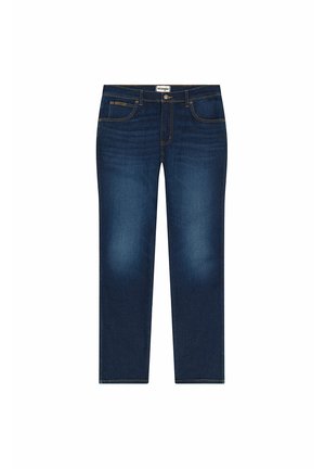 Donkerblauwe denim jeans met een rechte pijpdesign, voorzakken, een rits en subtiele vervaging. Gouden stiksels accentueren de naden.