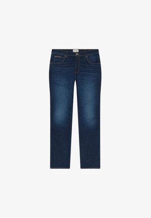 Donkerblauwe denim jeans met een rechte pijpdesign, voorzakken, een rits en subtiele vervaging. Gouden stiksels accentueren de naden.