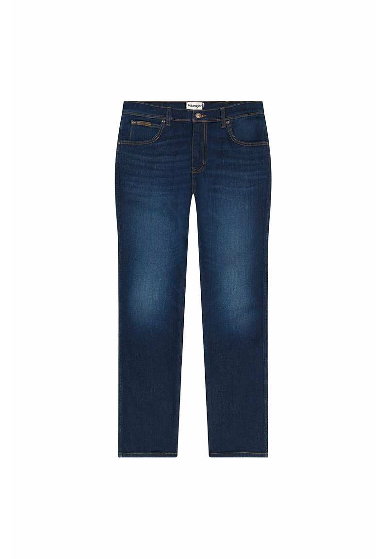Ciemnoniebieskie dżinsy o prostym kroju, z frontowymi kieszeniami, z zapięciem na zamek i subtelnym efektami blaknięcia. Złote przeszycia akcentują szwy.