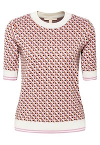 Top de punto de manga corta con patrón geométrico de diamantes en rosa, blanco y negro, con escote, puños y dobladillo blancos con rayas rosas.