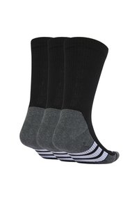 Zwarte crew-sokken met een grijze teen en hiel. Heeft drie witte strepen aan de bovenkant. Stof heeft een geribbelde textuur. Set van drie paar.