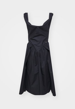 Black sleeveless dress with a scooped neckline, gathered waist, and voluminous skirt. Made of smooth fabric, featuring a small logo detail.