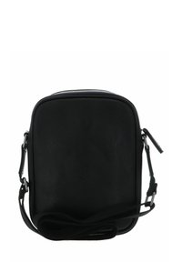 Borsa a tracolla in pelle nera con forma rettangolare, superficie texturizzata e tracolla regolabile. Presenta una cerniera superiore e accessori minimi.