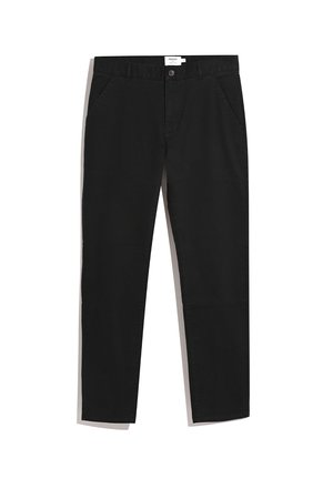 Black cotton trousers with a straight-leg cut, featuring two front pockets and a button closure, smooth texture, and minimal design.