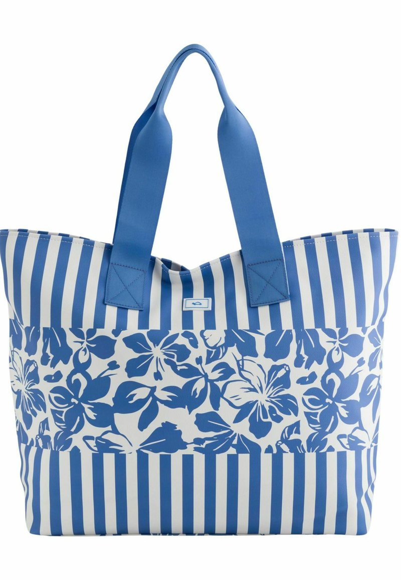 Niebieska i biała torba na ramię z kwiatowym wzorem na dole i pionowymi paskami na górze. Wykonana z trwałego materiału z dwoma solidnymi uchwytami.