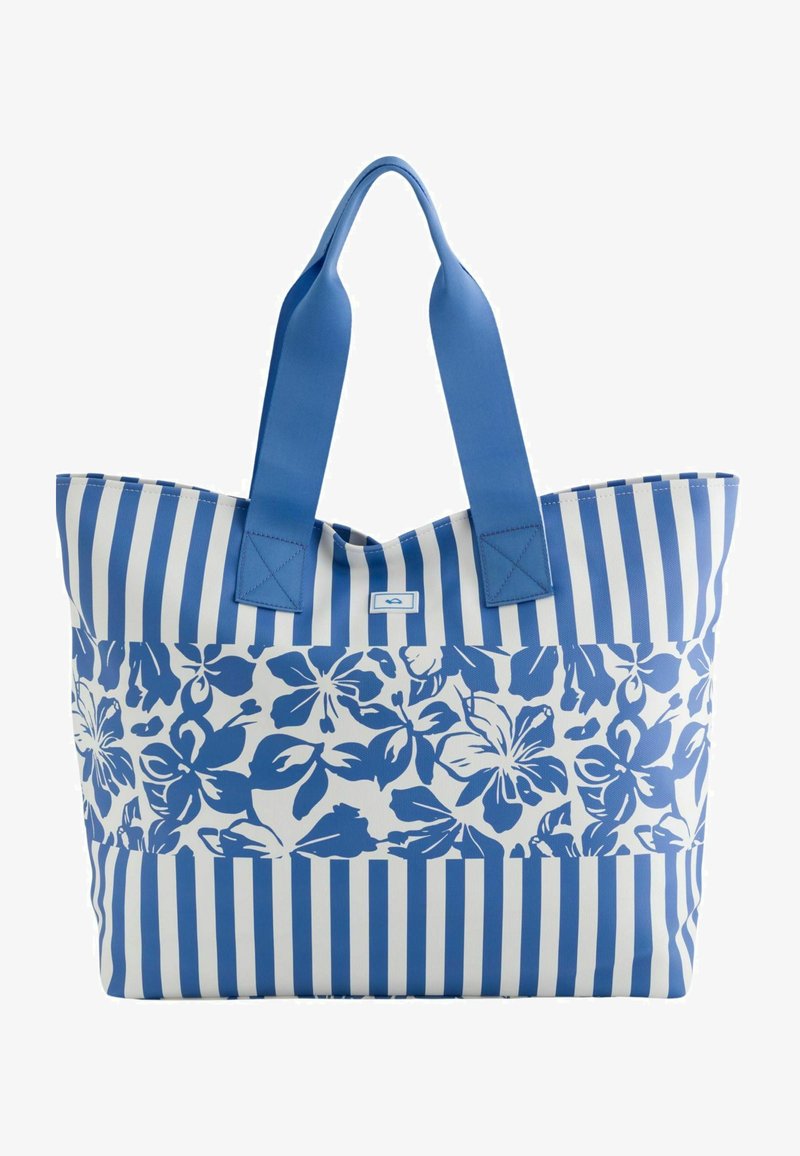 Niebieska i biała torba na ramię z kwiatowym wzorem na dole i pionowymi paskami na górze. Wykonana z trwałego materiału z dwoma solidnymi uchwytami.