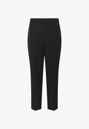 Pantalons noirs ajustés avec une coupe droite, présentant une texture lisse, des plis avant et une taille classique pour un look élégant.