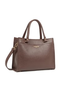 Sac à main en cuir marron avec une surface texturée, deux poignées, une bandoulière amovible et des accents en métal doré. Forme rectangulaire compacte.