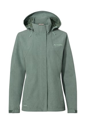 Veste imperméable vert clair avec capuche, dotée d'un tissu texturé, de cordons de serrage réglables et d'un logo sur la poitrine.