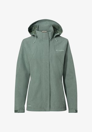 Veste imperméable vert clair avec capuche, dotée d'un tissu texturé, de cordons de serrage réglables et d'un logo sur la poitrine.