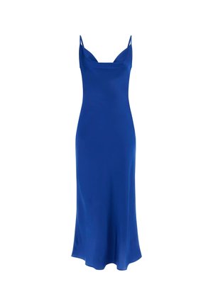 Royal blue sleeveless satin midi dress with cowl neckline and thin double shoulder straps.