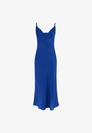 Royal blue sleeveless satin midi dress with cowl neckline and thin double shoulder straps.