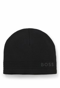 Black knit beanie with a fitted design, featuring horizontal ribbed accents and a rubberized "BOSS" logo on the side.