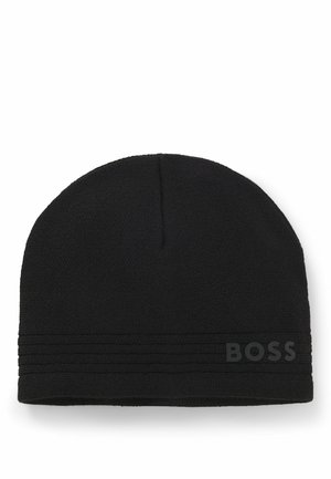Black knit beanie with a fitted design, featuring horizontal ribbed accents and a rubberized "BOSS" logo on the side.