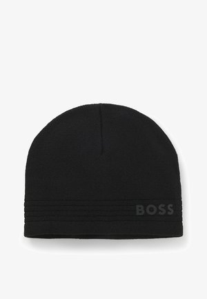 Black knit beanie with a fitted design, featuring horizontal ribbed accents and a rubberized "BOSS" logo on the side.