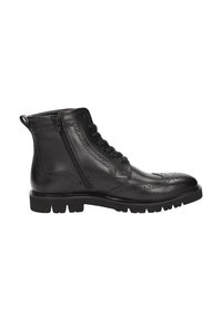 Stivali alla caviglia in pelle nera caratterizzati da dettagli brogue, punta rotonda, allacciatura frontale e zip laterale. Suola in gomma spessa con trazione.