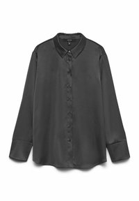 Sorte satin skjorte med knaplukning og lange ærmer, spidse kraver og enkelt knapmanchetter. Glat tekstur og klassisk design.