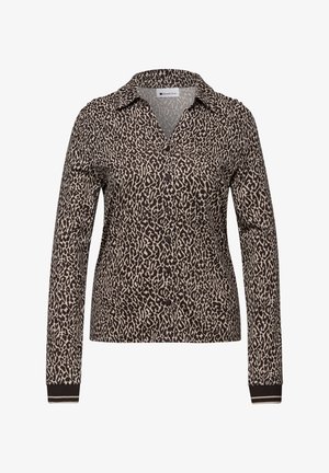 Pitkähihainen paita ruskeassa ja beigetä leopardi-kuviossa, jossa on kauluksellinen pääntie, napillinen suljenta ja resorit hihansuissa, joissa on kontrastinväriset raidat.