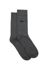 Calcetines de algodón grises con una textura suave, que presentan un bordado del logo en negro en el lateral y un puño reforzado para mayor durabilidad.
