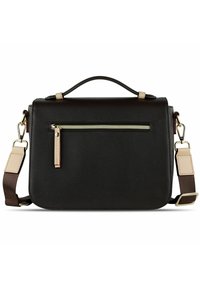 Black leather crossbody bag with a top handle, gold zippered pocket, and adjustable strap. Textured surface and beige accents.