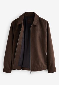 Brown suede jacket with collar, partially unzipped, showing black inner lining and zipped side pockets on a white background.