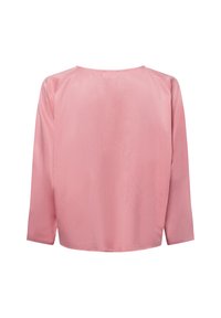Achteraanzicht van een eenvoudige roze blouse met lange mouwen en een ronde halslijn, met simpele naaddetails op de schouders.