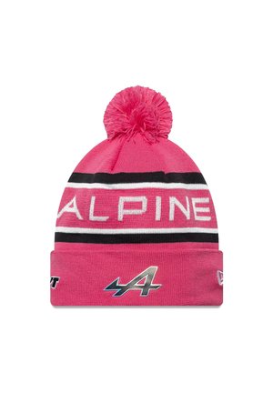 Różowa dziana czapka z pomponem na górze, z czarno-białymi poziomymi paskami. Logo "ALPINE" i srebrny akcent z przodu.