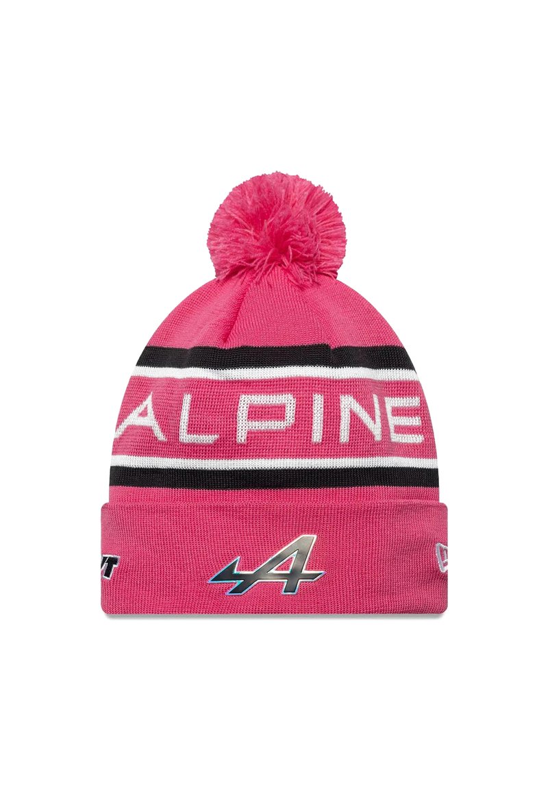 Różowa dziana czapka z pomponem na górze, z czarno-białymi poziomymi paskami. Logo "ALPINE" i srebrny akcent z przodu.