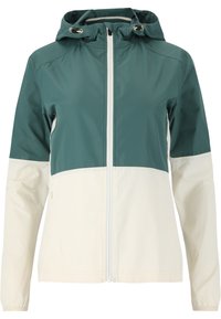 Waterdichte jas met een teal bovenstuk en een crèmekleurig onderstuk, voorzien van een rits aan de voorkant, een capuchon en versterkte naden.