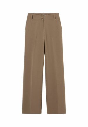 Pantalones beige de pierna recta, cintura alta, con trabillas para cinturón, bolsillos laterales y dos botones en el cierre delantero.