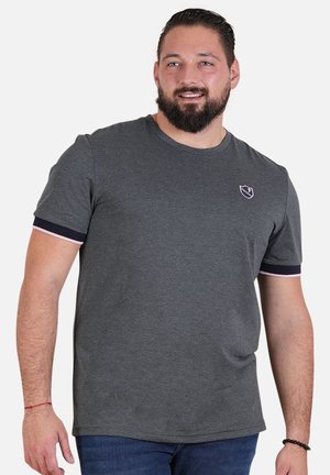 T-shirt gris à manches courtes avec un col rond, présentant des accents rayés contrastés en bleu marine et rose clair sur les manches et un petit logo.