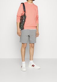 Růžová mikina, šedé šortky a bílé tenisky s červenými pruhy. Modelka drží maskáčovou tašku přes rameno, stojí na čistém bílém pozadí.