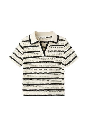 Polo en maille à manches courtes avec des rayures horizontales noires et blanches et un col blanc avec bordure noire.