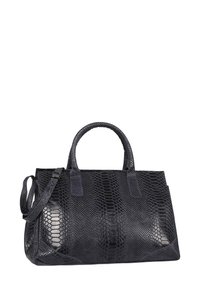 Sac à main en cuir python noir avec une forme structurée, deux poignées et une bandoulière ajustable. Présente une surface texturée et un design élégant.