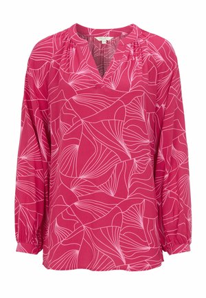 Rosa Langarmbluse mit hellrosa abstraktem Blattmuster, gerafftem Halsausschnitt und elastischen Bündchen.