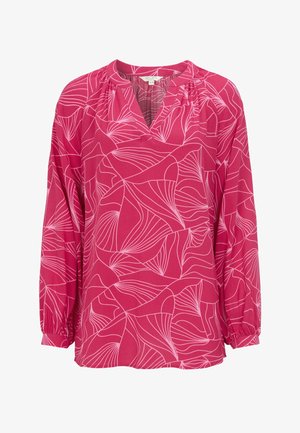Roze blouse met lange mouwen en lichtroze abstract bladmotief, met een geplooide halslijn en elastische manchetten.