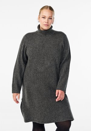 Woman wearing a dark gray knitted turtleneck sweater dress with ribbed texture and long sleeves, standing against a white background.