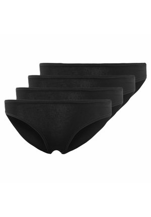 Quattro slip neri in cotone disposti impilati su sfondo bianco.