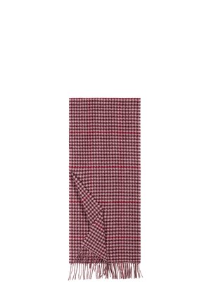 Woven scarf in maroon and pink houndstooth pattern, featuring fringe edges, soft texture, and rectangular shape.